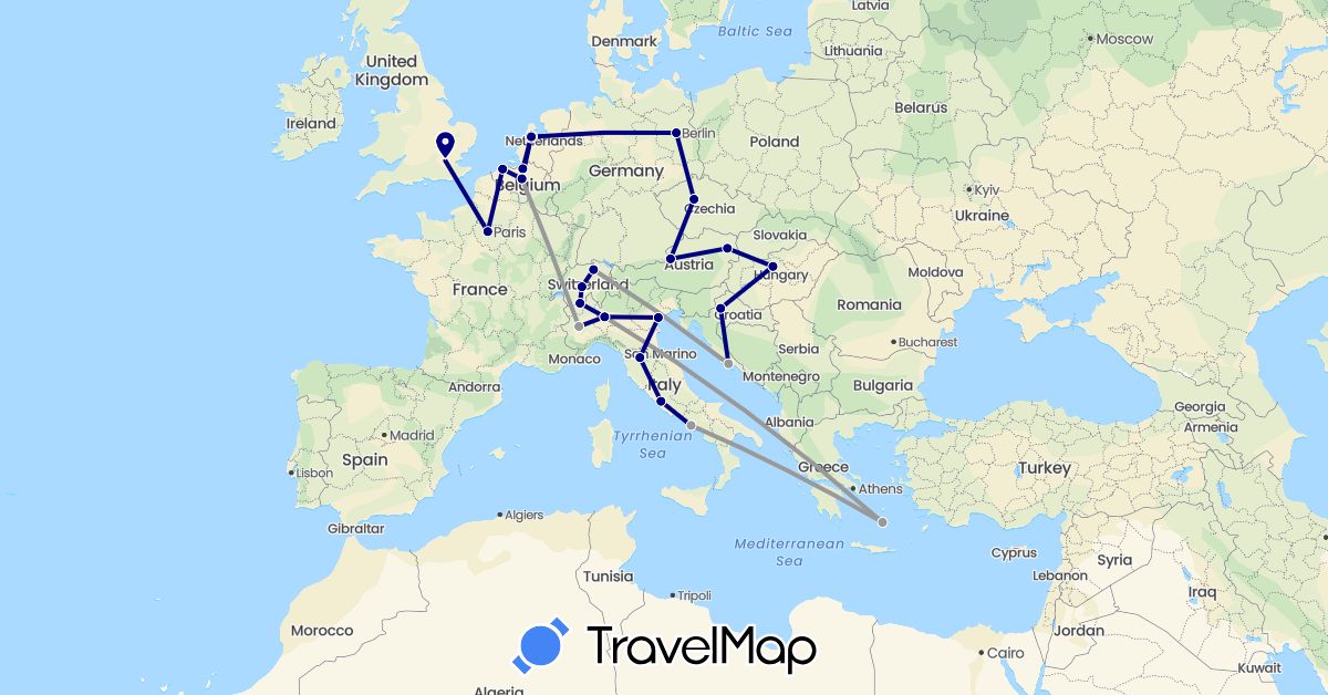 TravelMap itinerary: driving, plane in Austria, Belgium, Switzerland, Czech Republic, Germany, France, United Kingdom, Greece, Croatia, Hungary, Italy, Netherlands (Europe)
